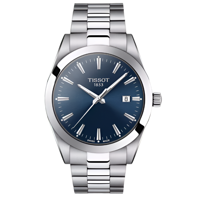 Orologio Tissot Gentleman con cassa in acciaio inox, quadrante blu e bracciale a maglia rolò.