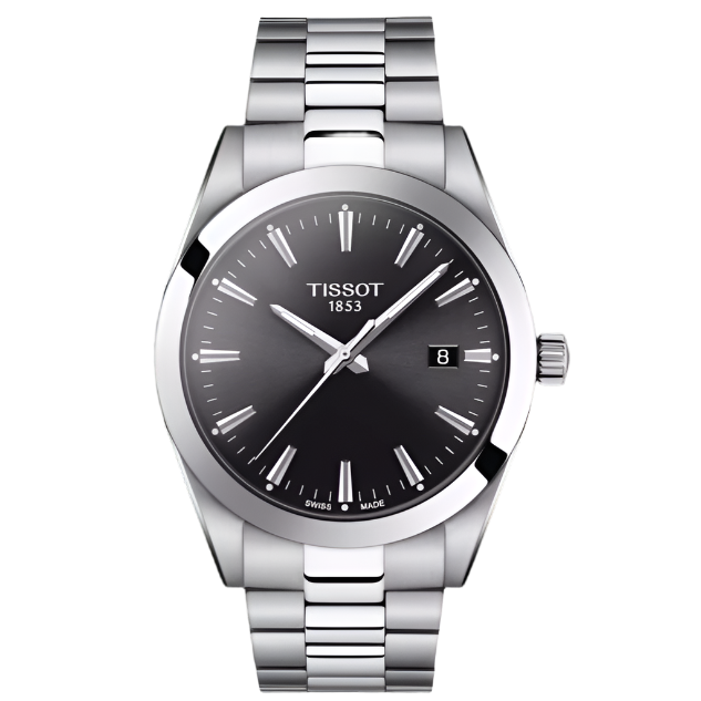 Orologio Tissot Gentleman con cassa in acciaio inox, quadrante nero e bracciale a maglia rolò.