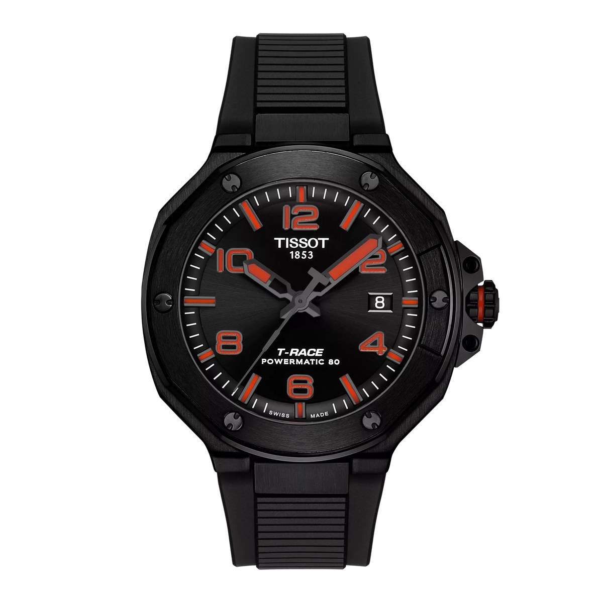 Orologio Tissot T-Race Powermatic 80 con cassa nera, quadrante nero e dettagli arancioni.