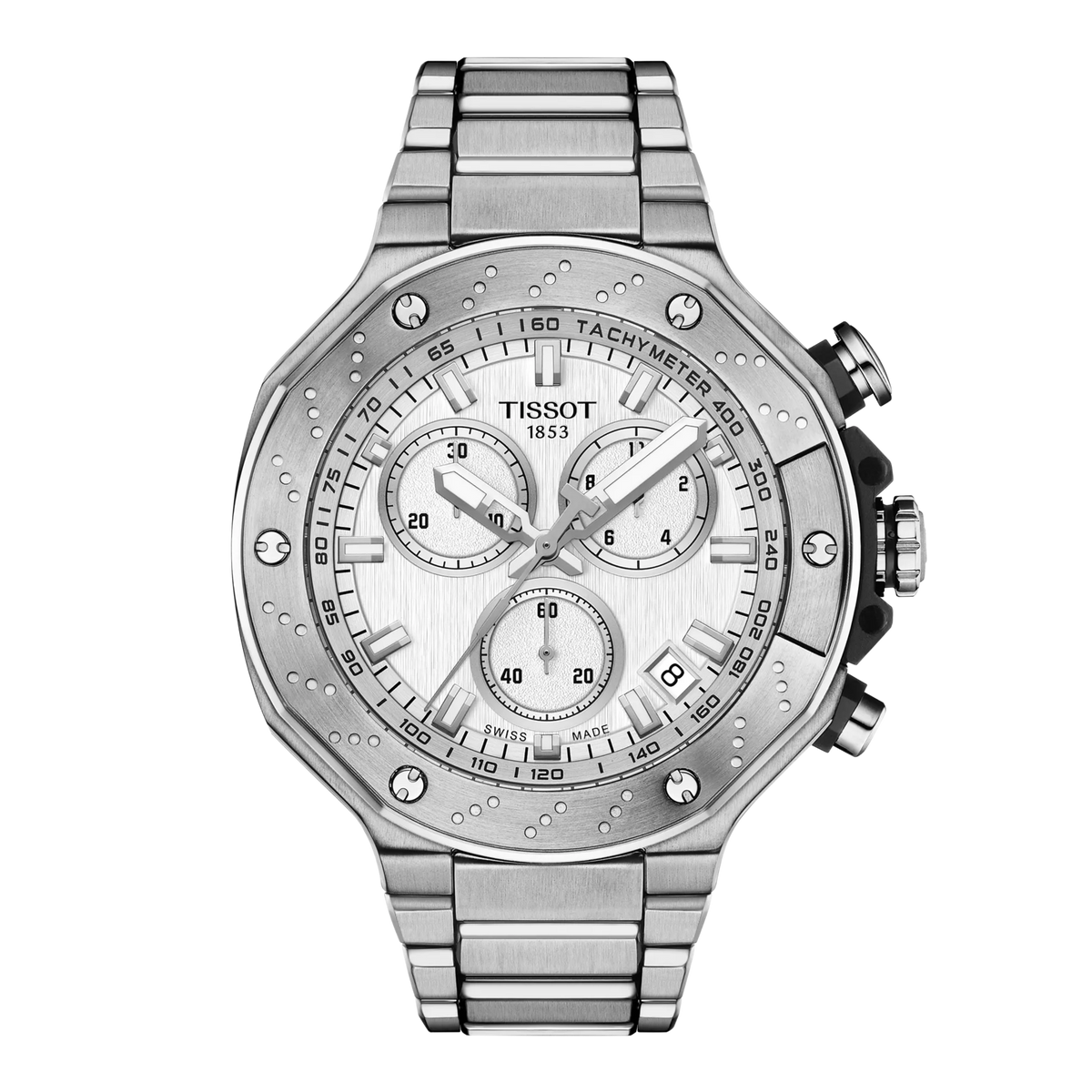Orologio Tissot T-Race Chronograph con cassa in acciaio inox e quadrante argentato.
