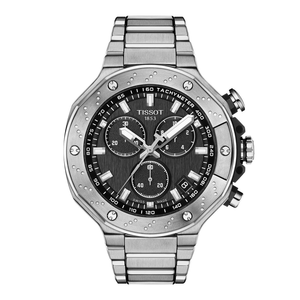 Orologio Tissot T-Race Chronograph con cassa in acciaio inox, quadrante nero e bracciale in acciaio.