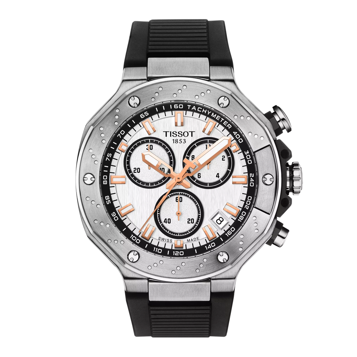 Orologio Tissot T-Race Chronograph con cassa in acciaio inox, quadrante argentato e cinturino in gomma nera.