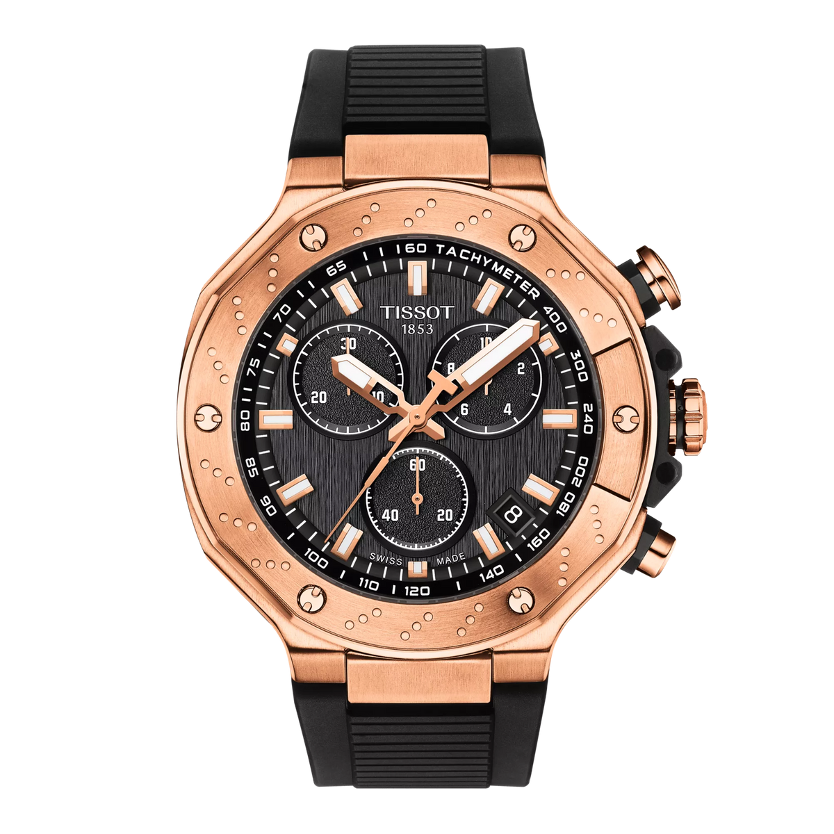 Orologio Tissot T-Race Chronograph con cassa in acciaio rosa e quadrante nero, cinturino in gomma nera.