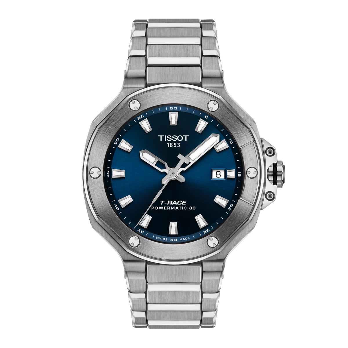 Orologio Tissot T-Race Powermatic 80 con cassa in acciaio, quadrante blu e bracciale in acciaio.