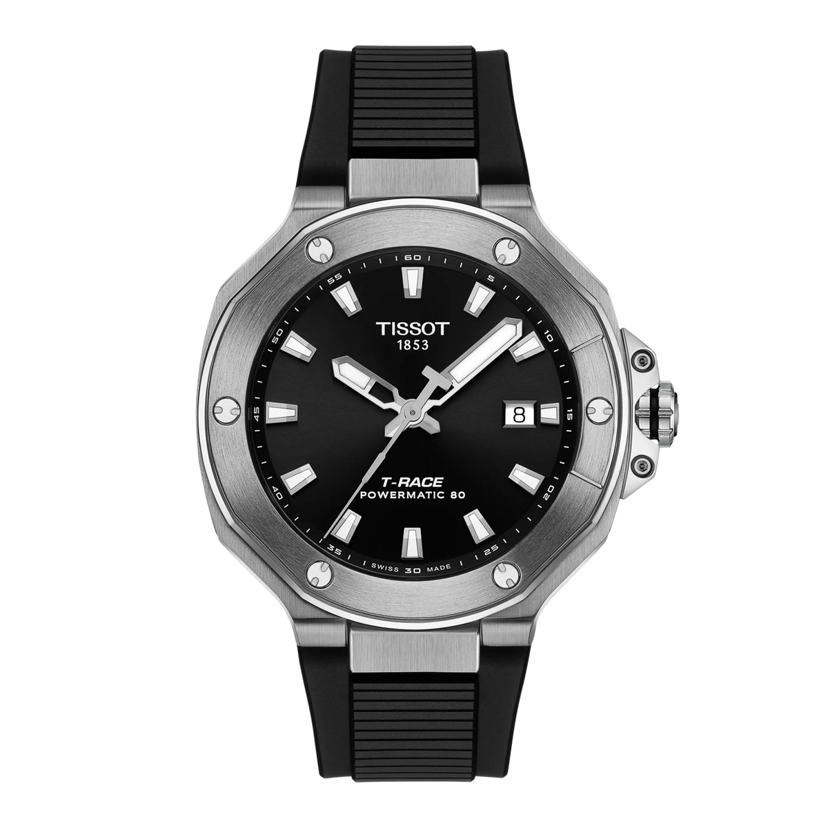 Orologio Tissot T-Race Powermatic 80 con cassa in acciaio inox, quadrante nero e cinturino in gomma.