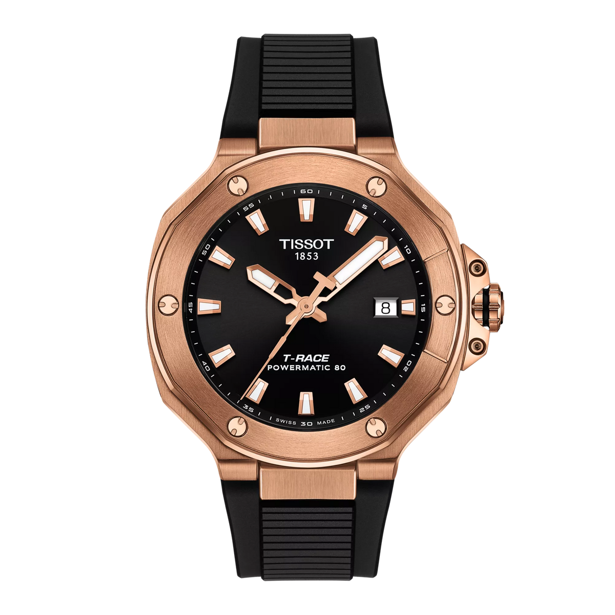 Orologio Tissot T-Race Powermatic 80 con cassa in acciaio rosa, quadrante nero e cinturino in gomma.