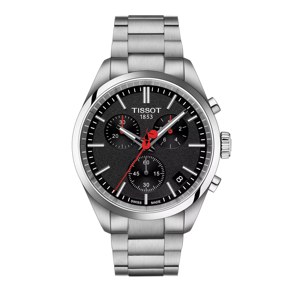 Orologio Tissot PR 100 con cassa in acciaio inox, quadrante nero e dettagli rossi.