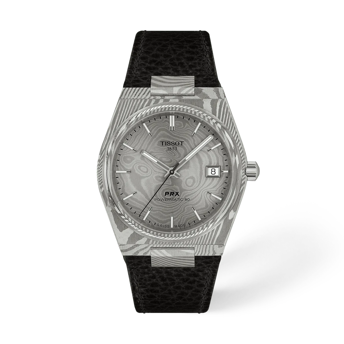 Orologio Tissot in acciaio damascato da 38 mm con quadrante grigio e cinturino in pelle nera.