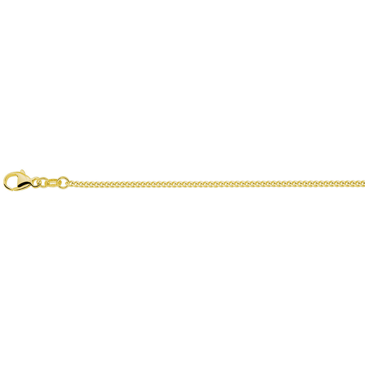 Een dunne goudkleurige heren ketting gourmette (1,4 mm zilver verguld) van Juwelier van der Kooij met een karabijnsluiting, horizontaal weergegeven op een witte achtergrond.