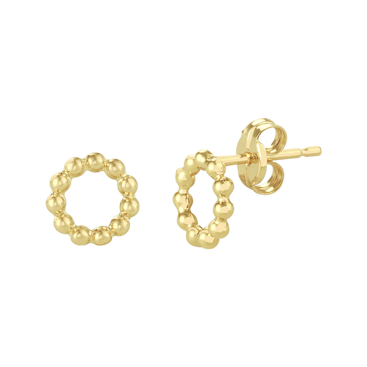 Orecchini a cerchio in oro giallo 14K con pallini decorativi.