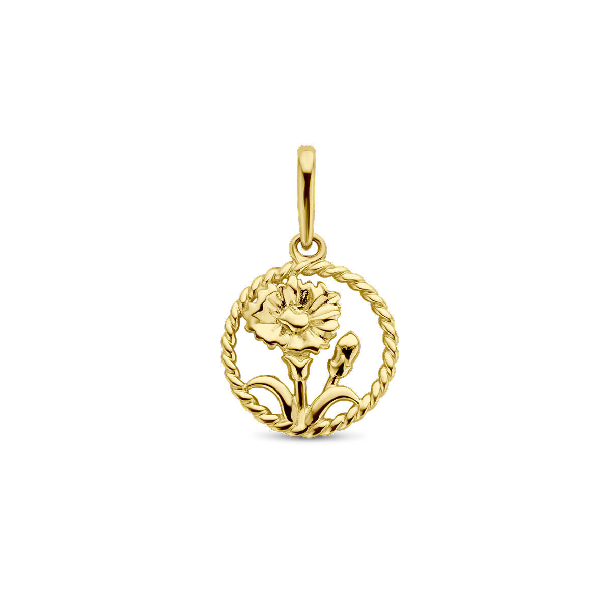 Ciondolo in oro giallo 14K con fiori, dettagli intrecciati e forma rotonda.