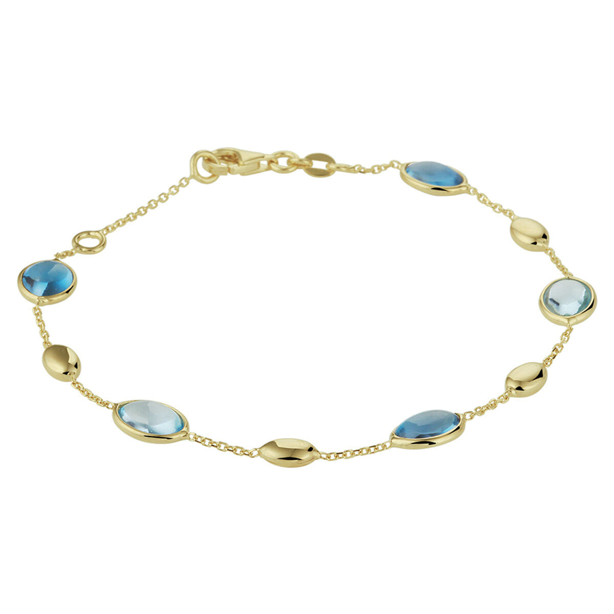 Bracciale in oro 14K con topazi blu e london blue, con elementi ovali e rotondi.