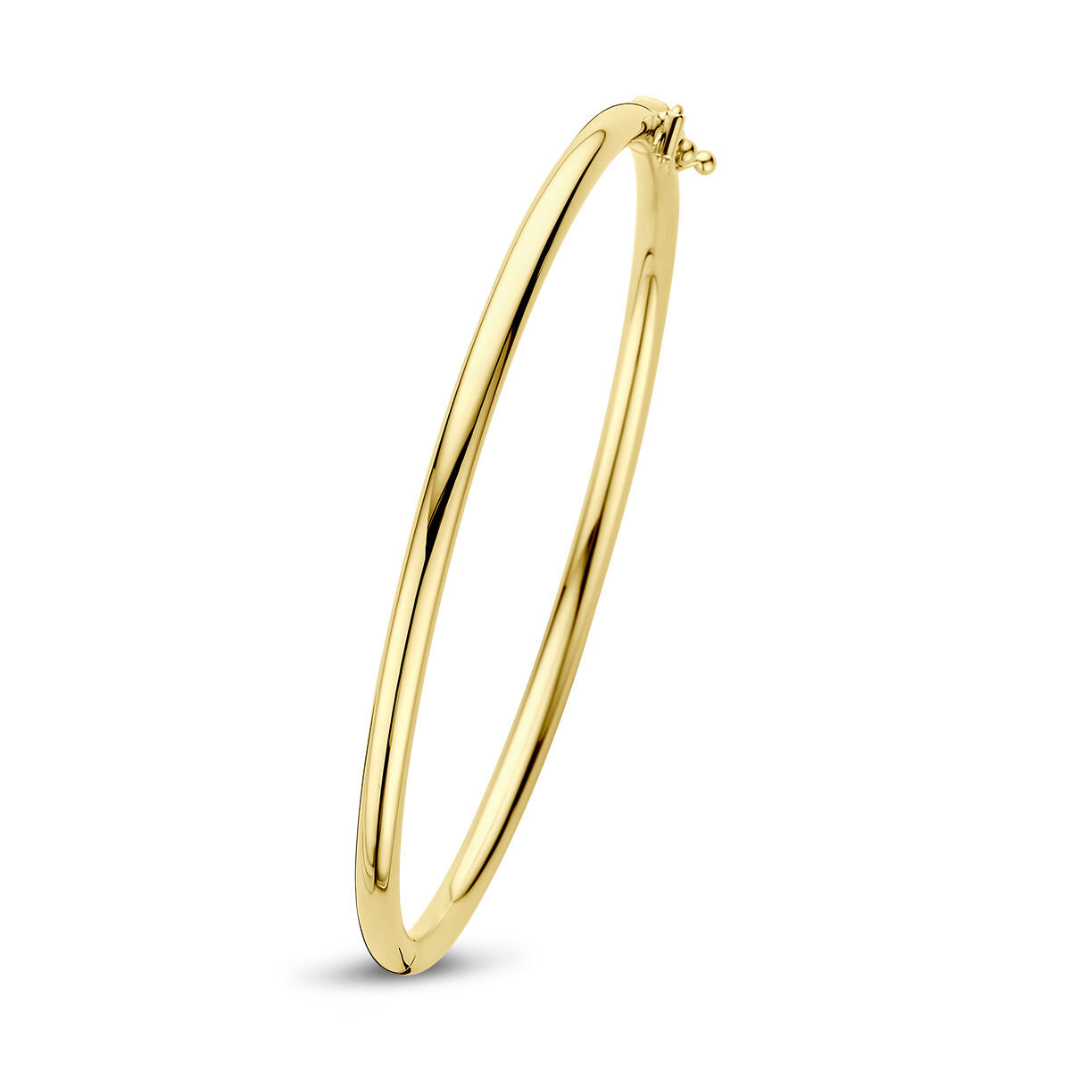 Bracciale rigido in oro giallo 14K con chiusura a cerniera e forma rotonda.