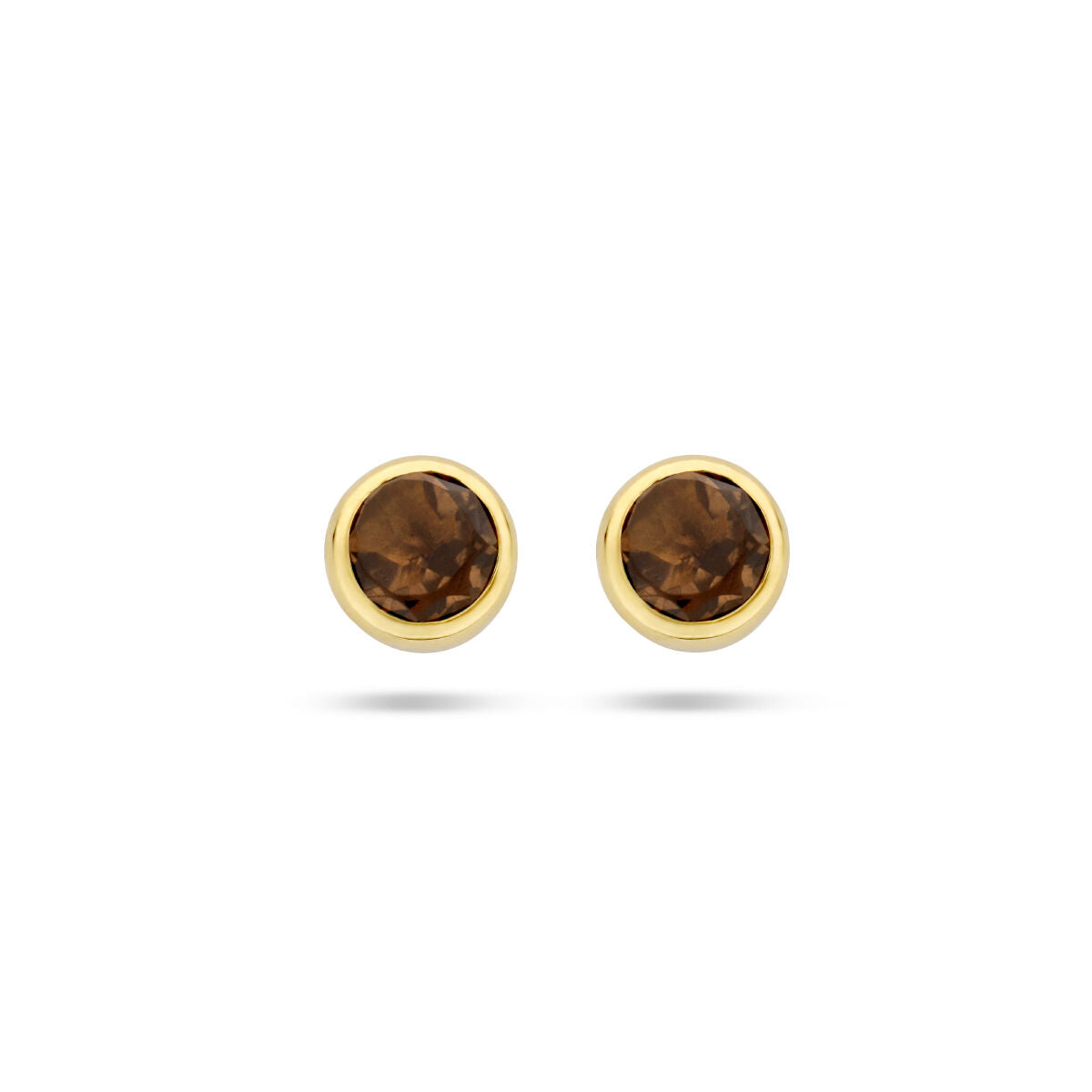 Orecchini in oro giallo 14K con pietre di quarzo fumé rotonde.