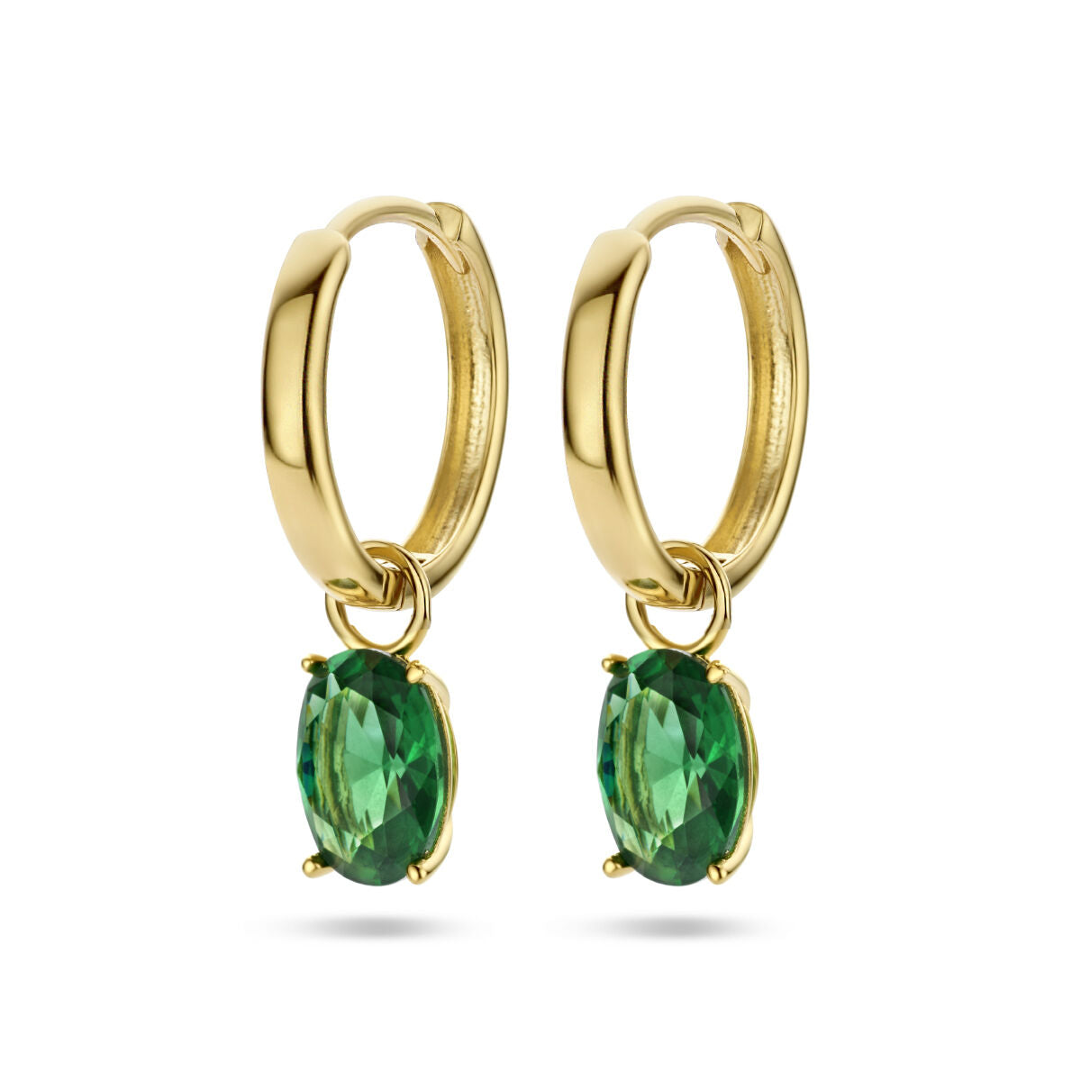 Orecchini alla creola in oro giallo 14K con pendente in zirconia verde.