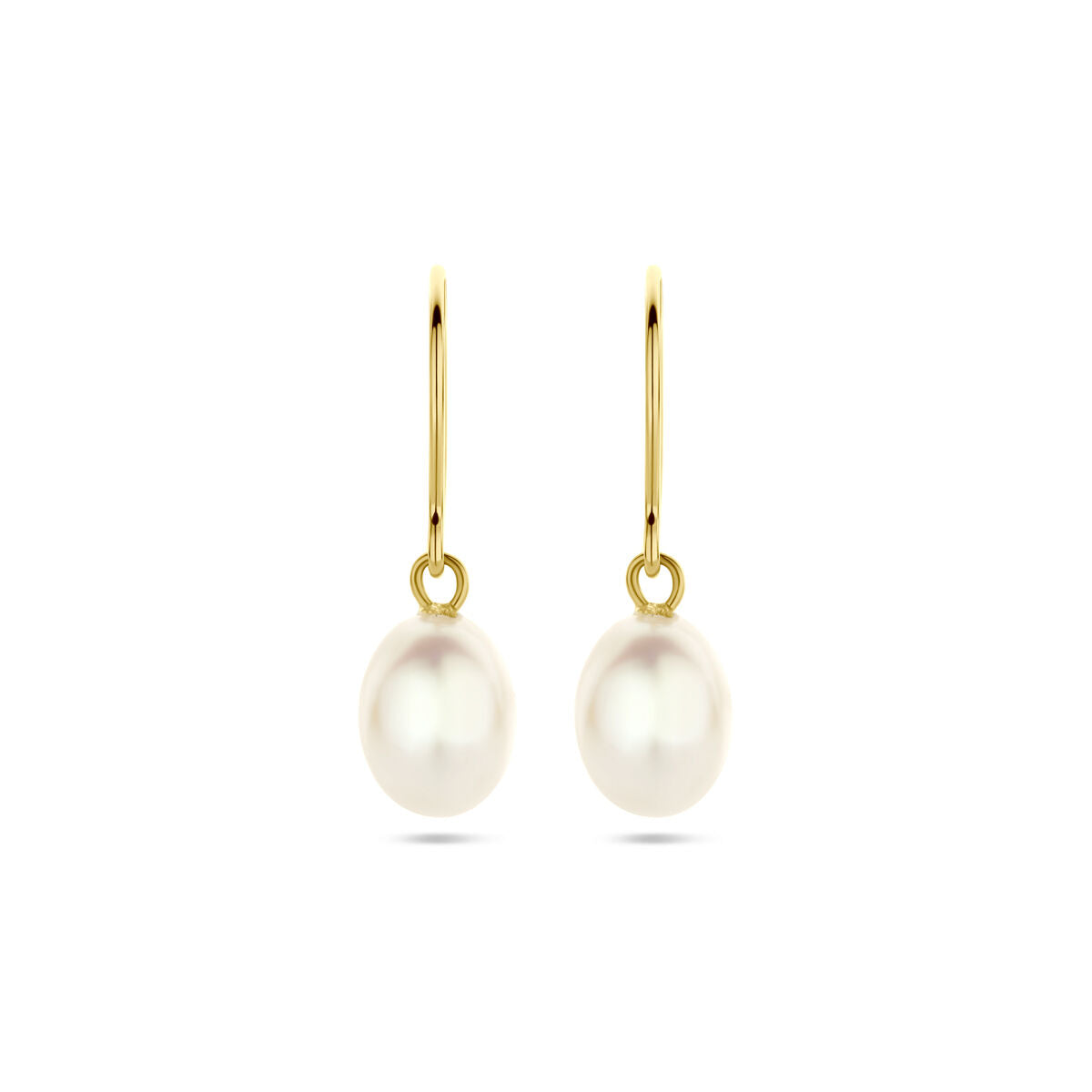 Orecchini pendenti a catena in oro giallo 14K con perle bianche di 24 mm.