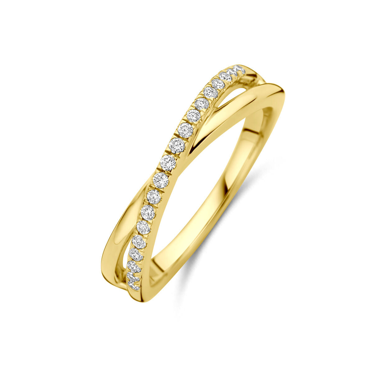 Anello in oro giallo 14K con diamanti lab-grown da 0,15 ct, design intrecciato.