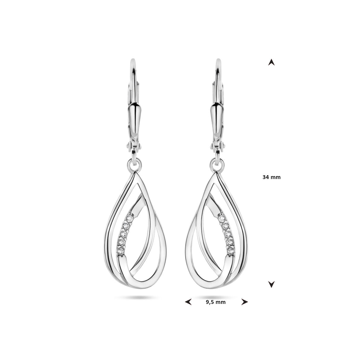Orecchini pendenti a goccia con zirconi, gancio a brisura, 34 mm, argento rodiato