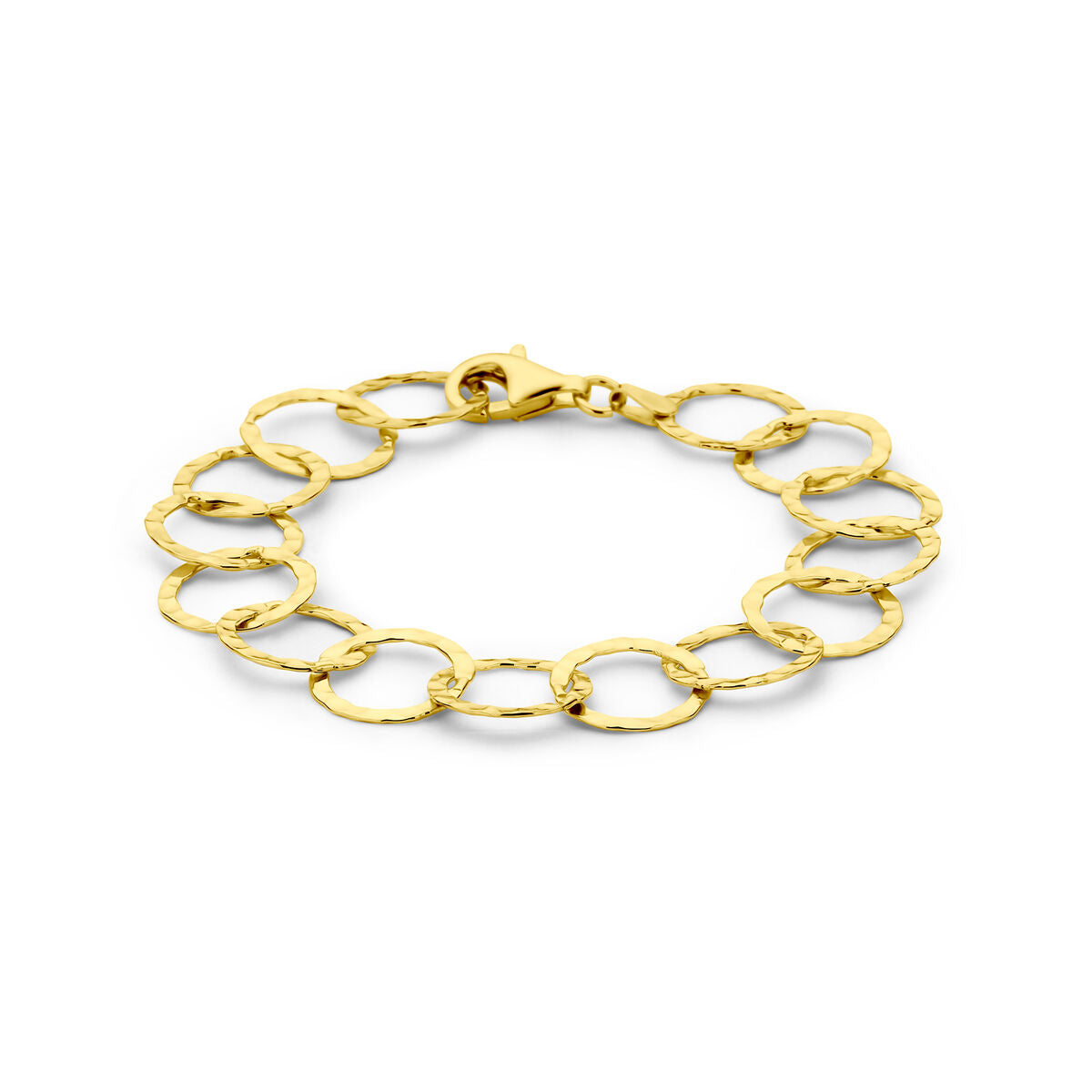 Bracciale in argento dorato con cerchi martellati, lunghezza 19 cm.