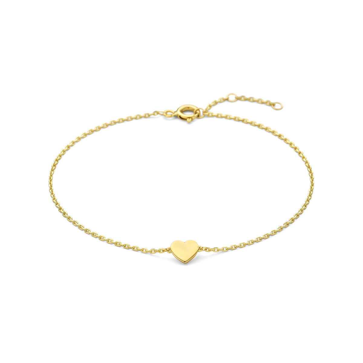 Bracciale in oro giallo con un cuore centrale, realizzato in maglia fine.
