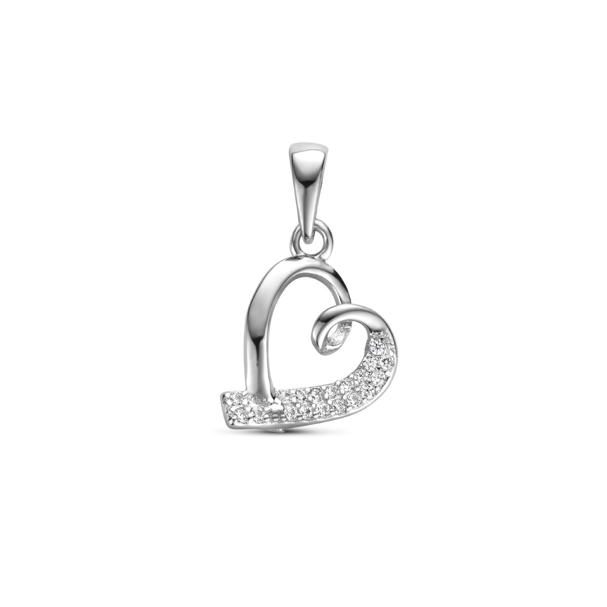 Zilveren gerhodineerde hanger in de vorm van een hart met zirkonia-steentjes.
