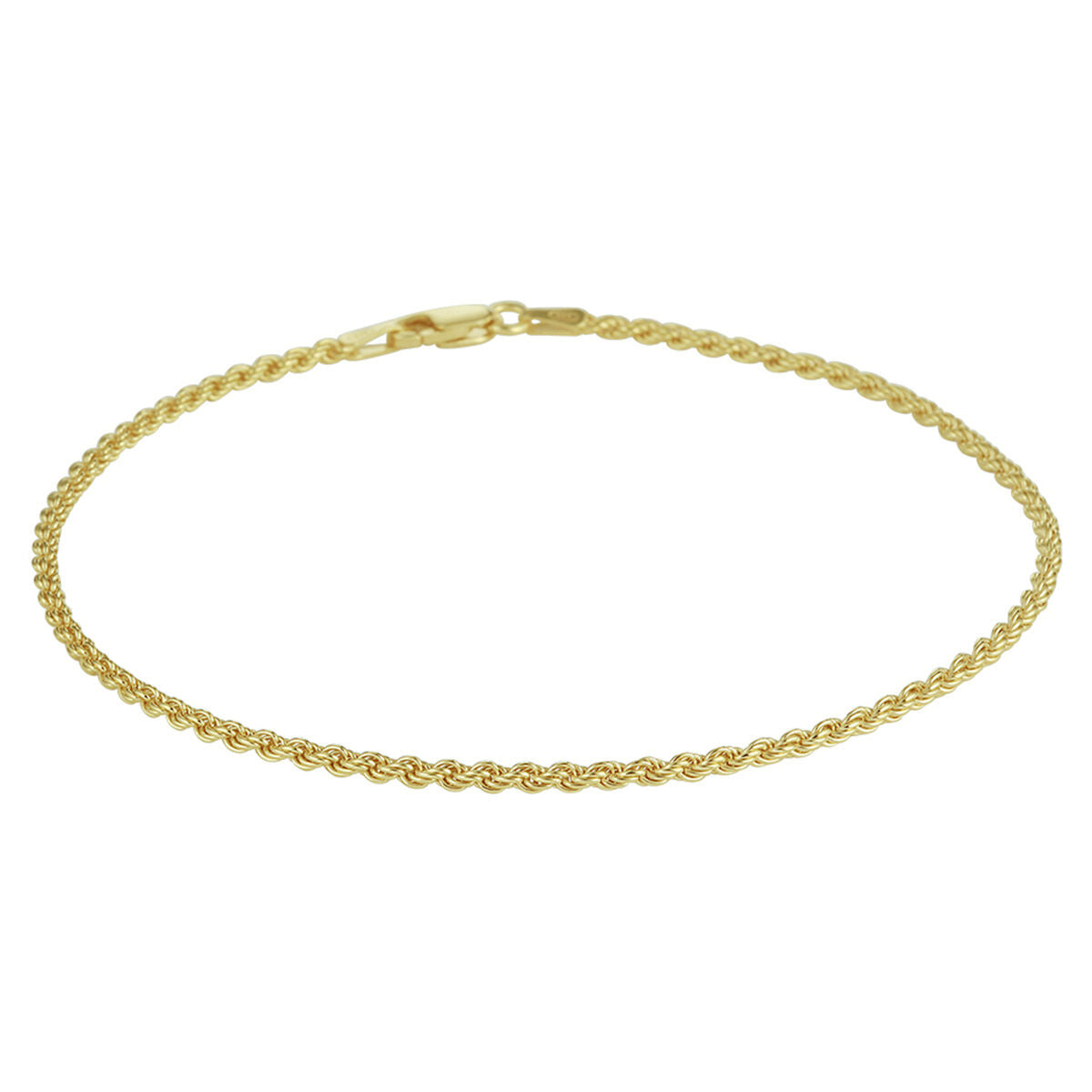 Bracciale in corda dorata, 2 mm di spessore e 24 cm di lunghezza, con chiusura a moschettone.