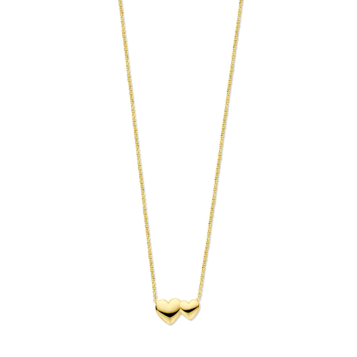 Collana con due cuori in argento placcato oro giallo, lunghezza 41 + 4 cm.