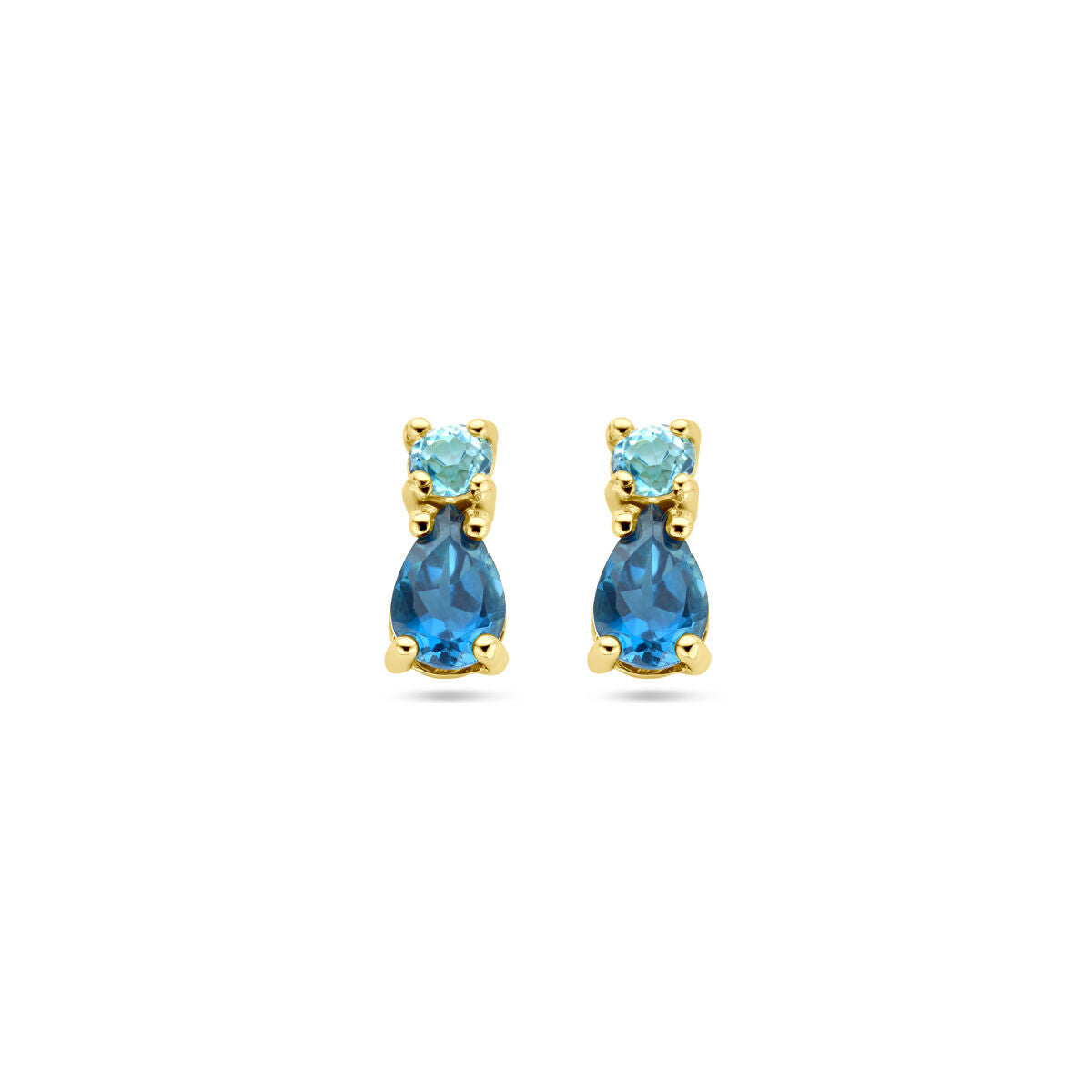 Orecchini in oro giallo 14K con topazi blu di Londra e topazi blu cielo a forma di goccia.