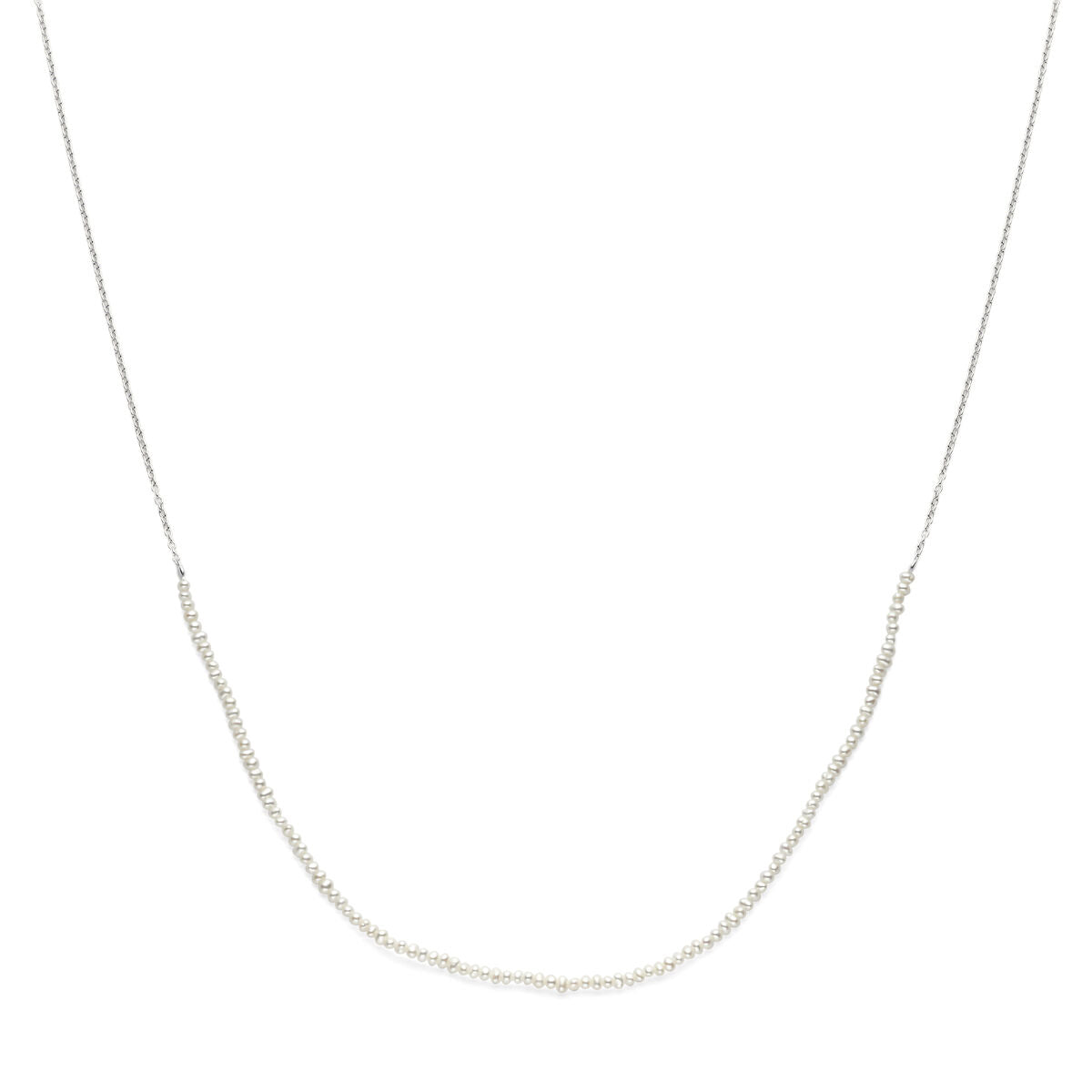 Collana di perle argentata con finitura rodiata, lunghezza 41-45 cm.