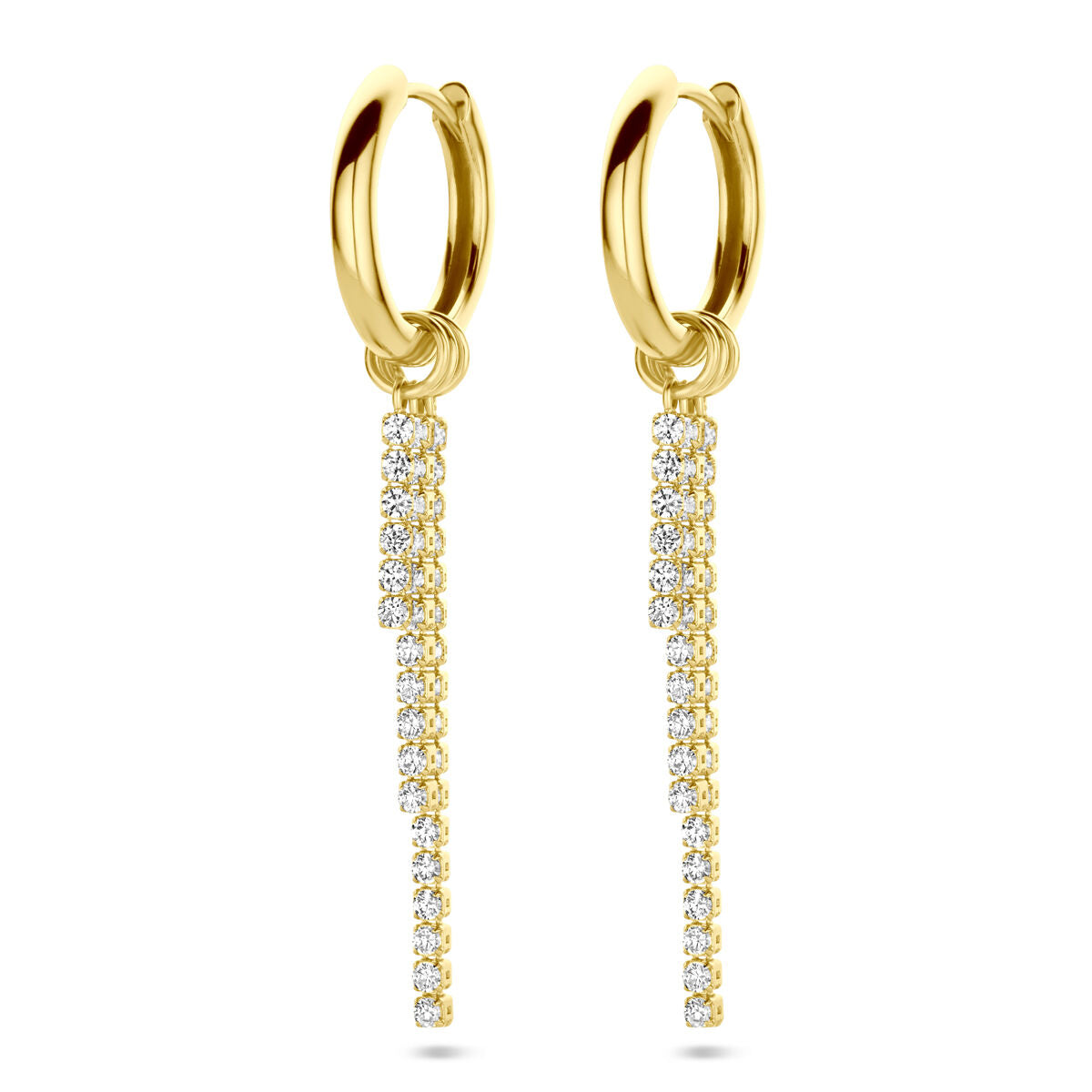 Klapoorringen van 1 micron zilver verguld met een gele afwerking en zirkonia hangers in een strakke lijn.