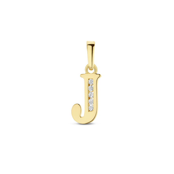 Hanger letter zirkonia 14K geelgoud van de Van der Kooij Collectie, met vier ronde zirkonia's verticaal langs de rechte zijde, afgebeeld tegen een eenvoudige witte achtergrond.