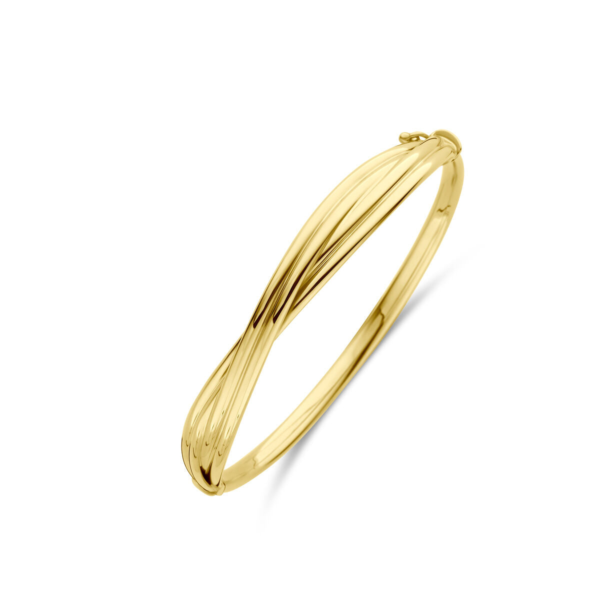 Bracciale in oro giallo 14K con design intrecciato, largo 9 mm e diametro di 60 mm.