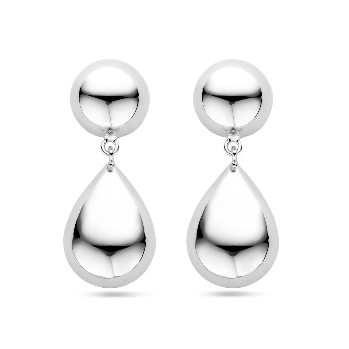 Orecchini pendenti a catena in argento rodiato, con forma a mezza sfera e goccia, di 40 mm.