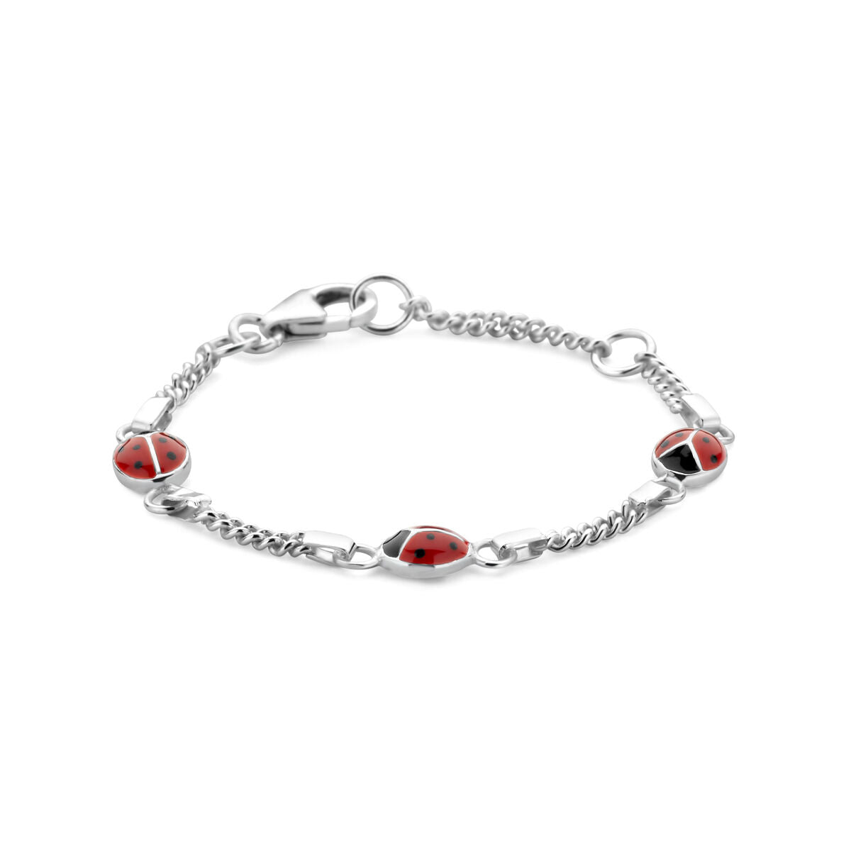 Bracciale in argento con charm a forma di coccinella rossa e bianca.