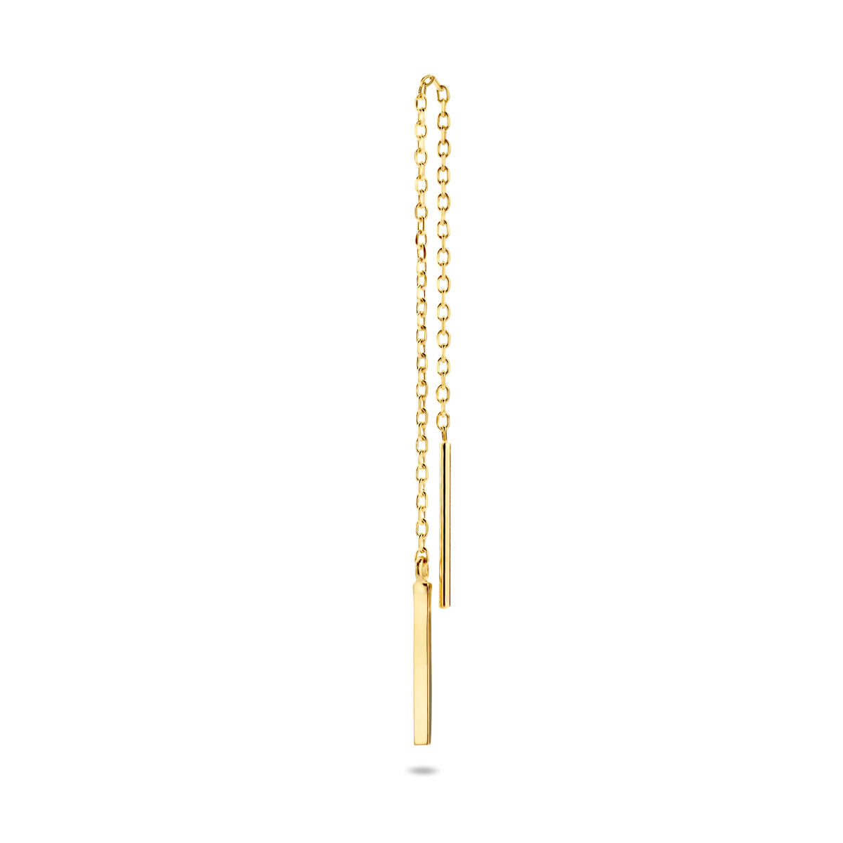 Doortrekoorbel van 14K geelgoud met een langwerpig balkje en een ketting.