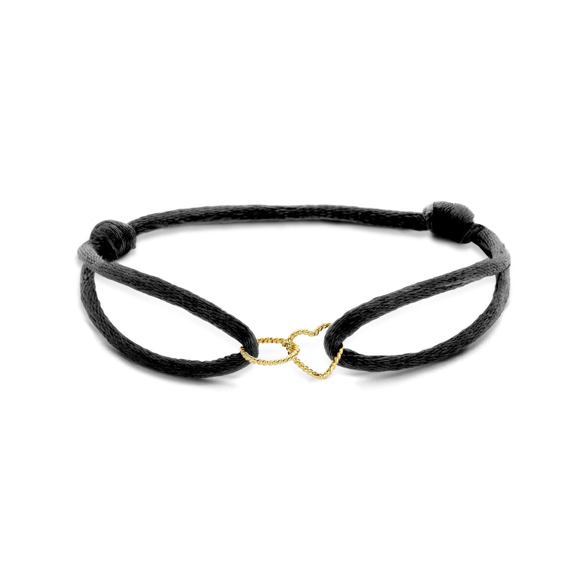 Bracciale in oro 14K con cuore e cerchio intrecciati, dettagli in nylon nero.