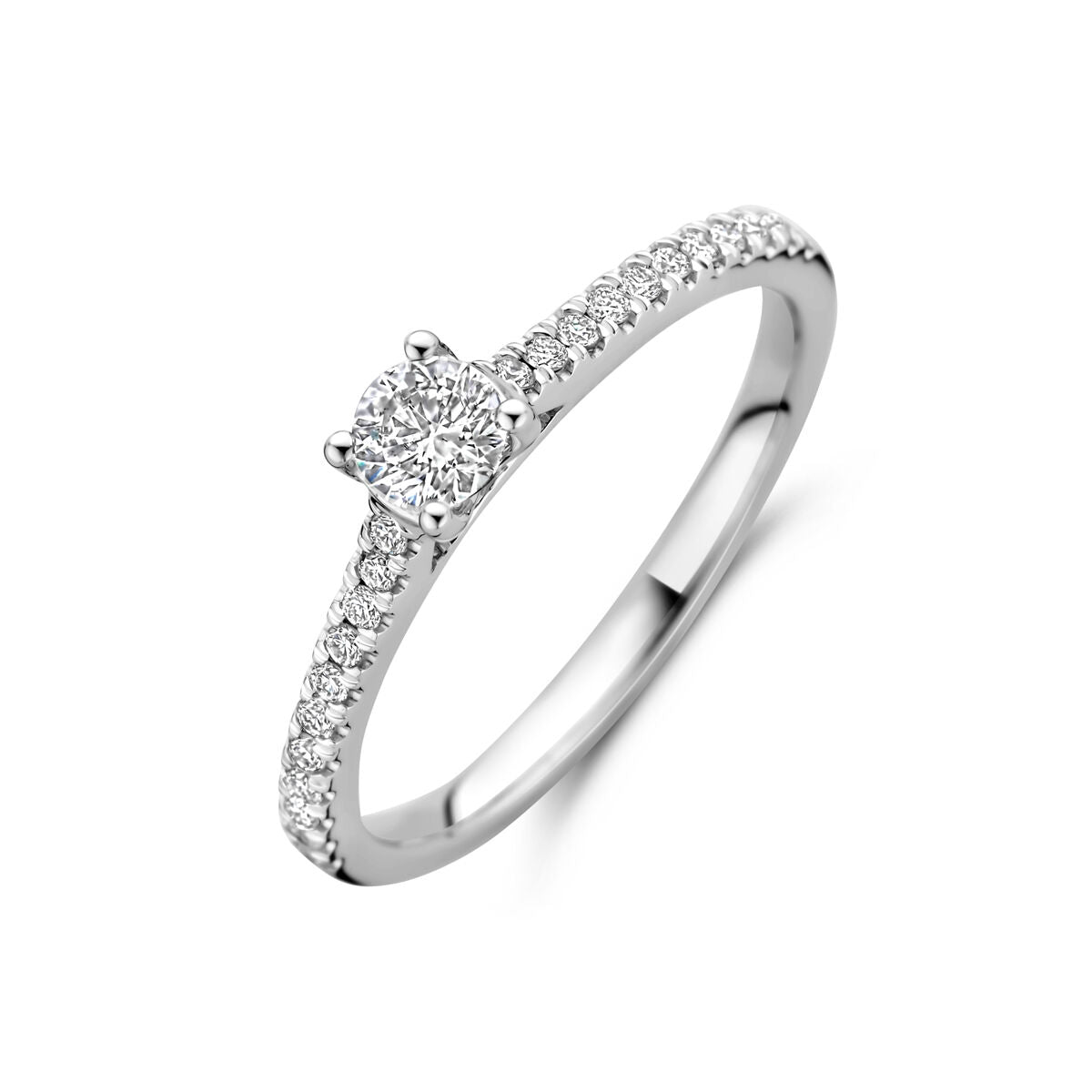 Anello in oro bianco 14K con diamante lab-grown di 0,39 ct e pavé di diamanti.