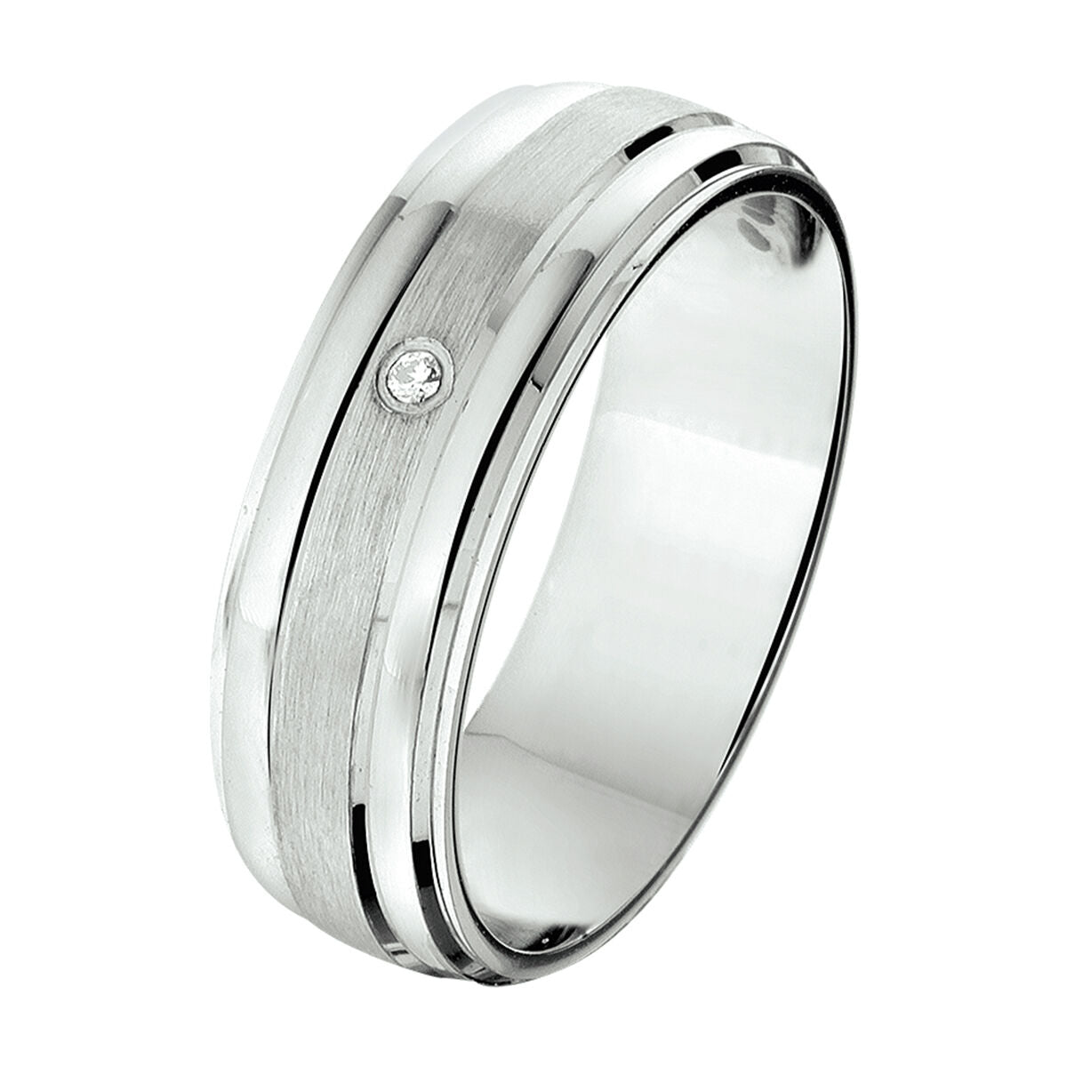 Anello in argento rodiato di 6 mm con finitura opaca e brillante, decorato con un diamante da 0,01 ct.
