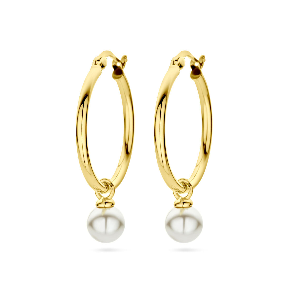 Orecchini alla creola in argento dorato con perla sintetica bianca.