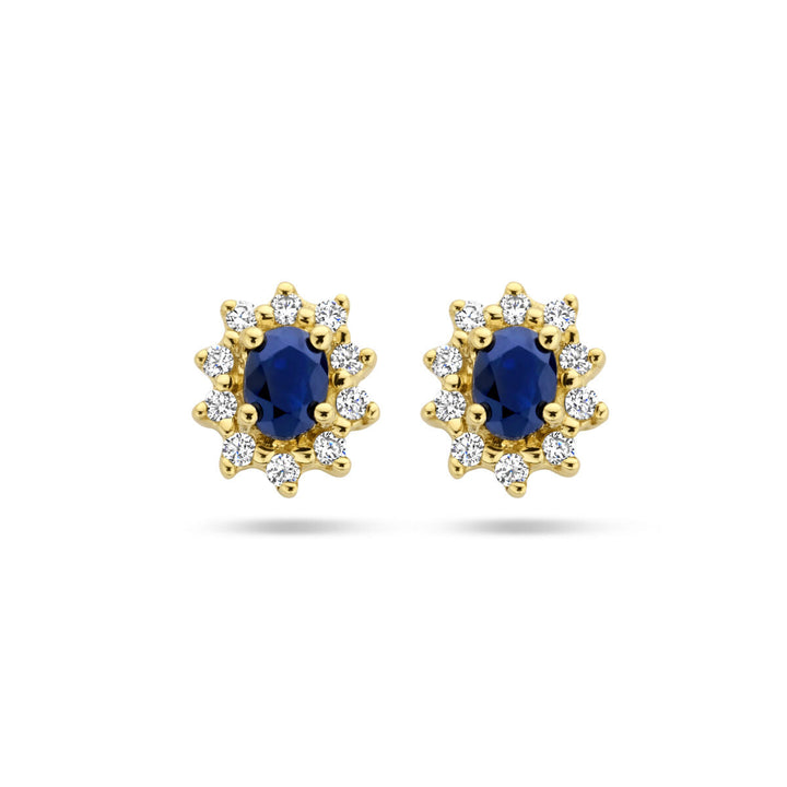 oorknoppen saffier en zirkonia halo 14K geelgoud