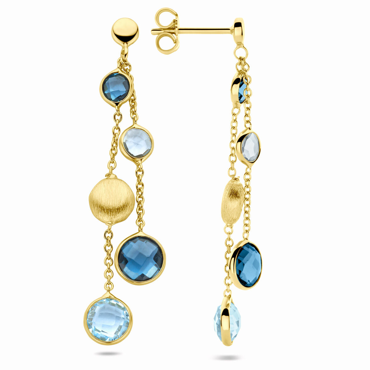 orecchini pendenti tondi, topazio sky blue e topazio london blue 44 mm 14K oro giallo