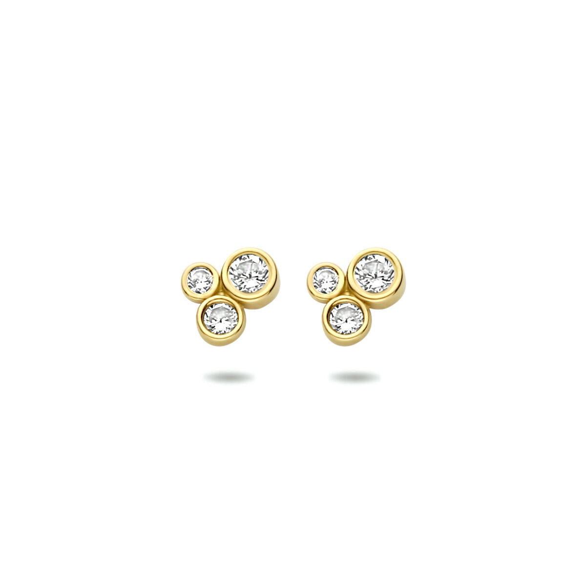 Orecchini in oro giallo 14K con zirconi, design a bolle con tre pietre.