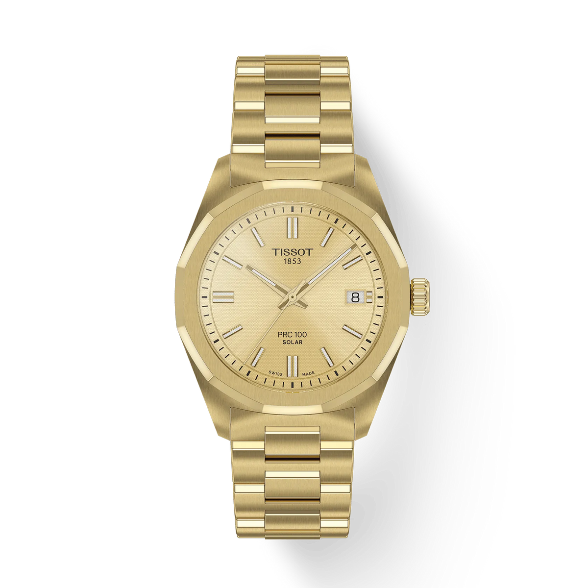 Orologio da donna Tissot PRC 100 Solar con cassa e cinturino dorati, quadrante dorato e datario.