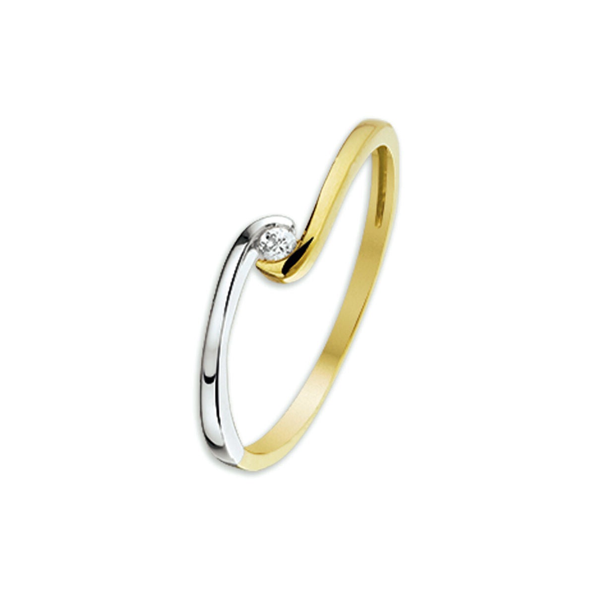 Anello bicolore in oro giallo e bianco con zircone.