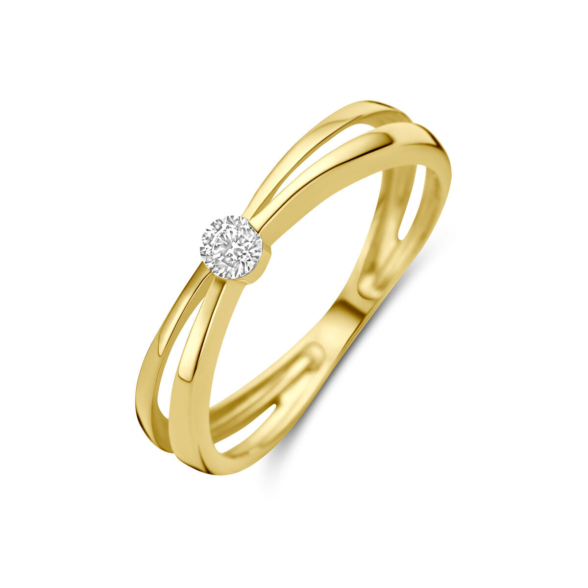 Anello in oro giallo 14K con zircone centrale, design a doppia fascia.