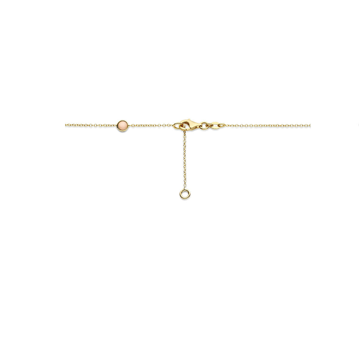 Een delicaat 14K geelgouden schakelarmbandje met karabijnsluiting en verstelbare lengte, met een klein rond bedeltje, geïnspireerd op de elegantie van het Van der Kooij Collectie collier roze robijn en roze opaal (42-45 cm).