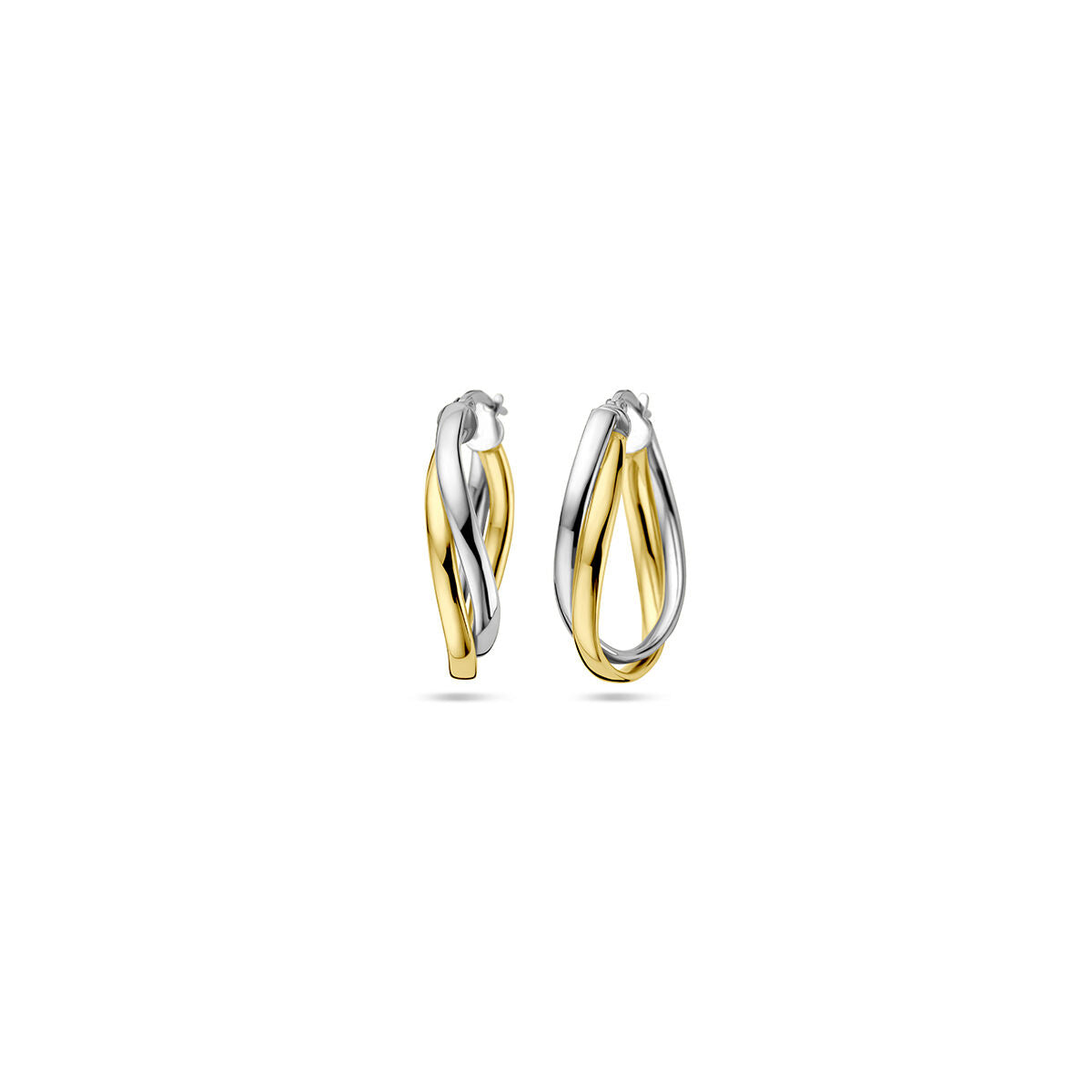 Orecchini in argento placcato oro giallo e rodio, con design intrecciato.