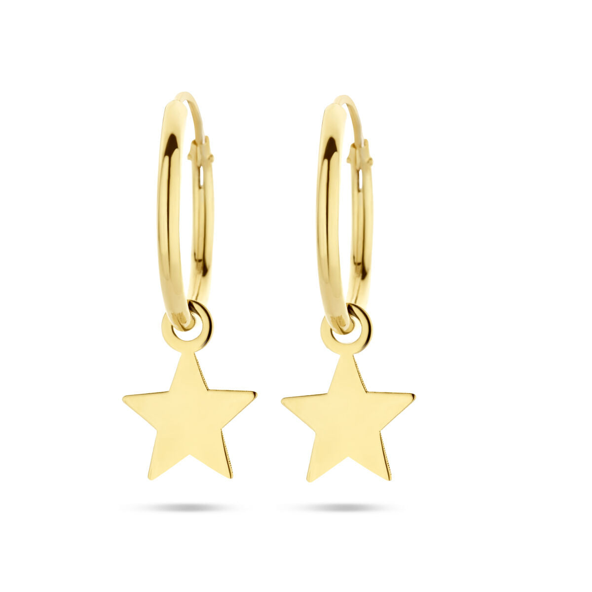 Orecchini alla creola in oro giallo 14K con pendenti a forma di stella.