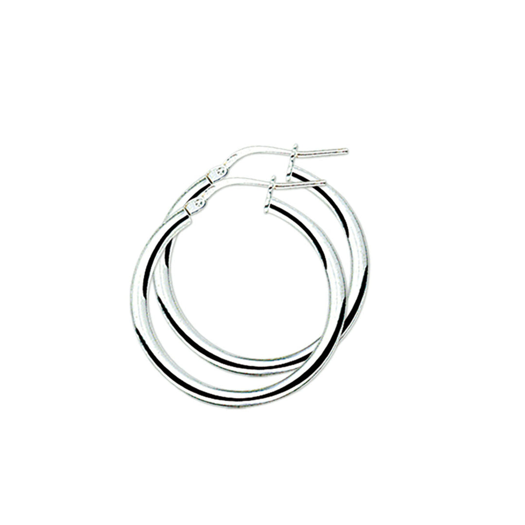 Orecchini alla creola in argento rodiato con forma tubolare e finitura lucida.