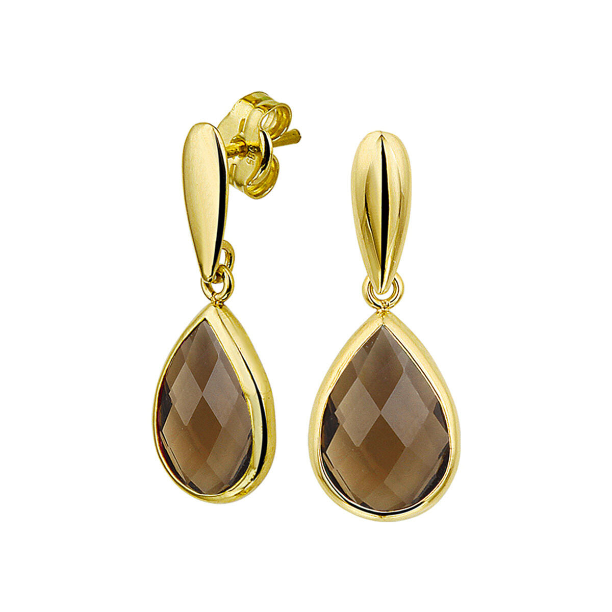 Orecchini in oro giallo 14K con pendente a goccia in quarzo fumé sfaccettato.